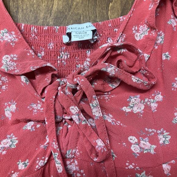 American Eagle Y2K Lace Up Floral Print Ruffle Mini Sun Dress Red Size S Cottage - Picture 4 of 12